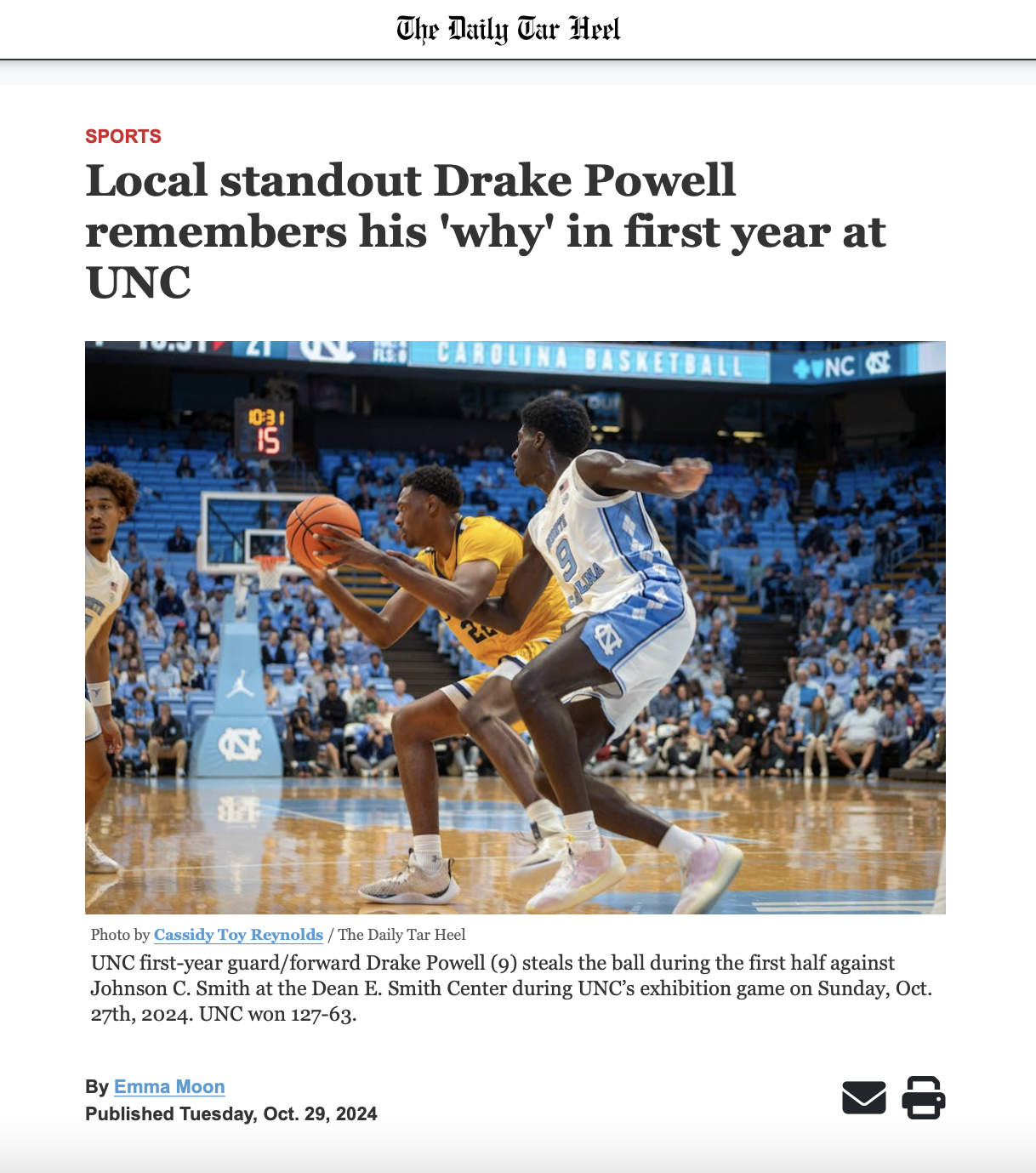 A photo of the online version of a Daily Tar Heel article about basketball player Drake Powell.